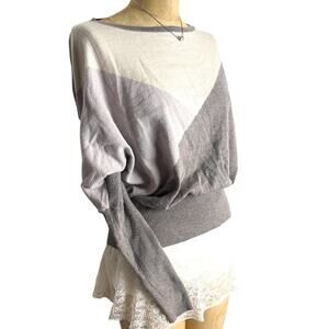 Aaeda Gray Cream Batwing Sweater Colorblock Cozy Ribbed Hem Long Sleeve Size L